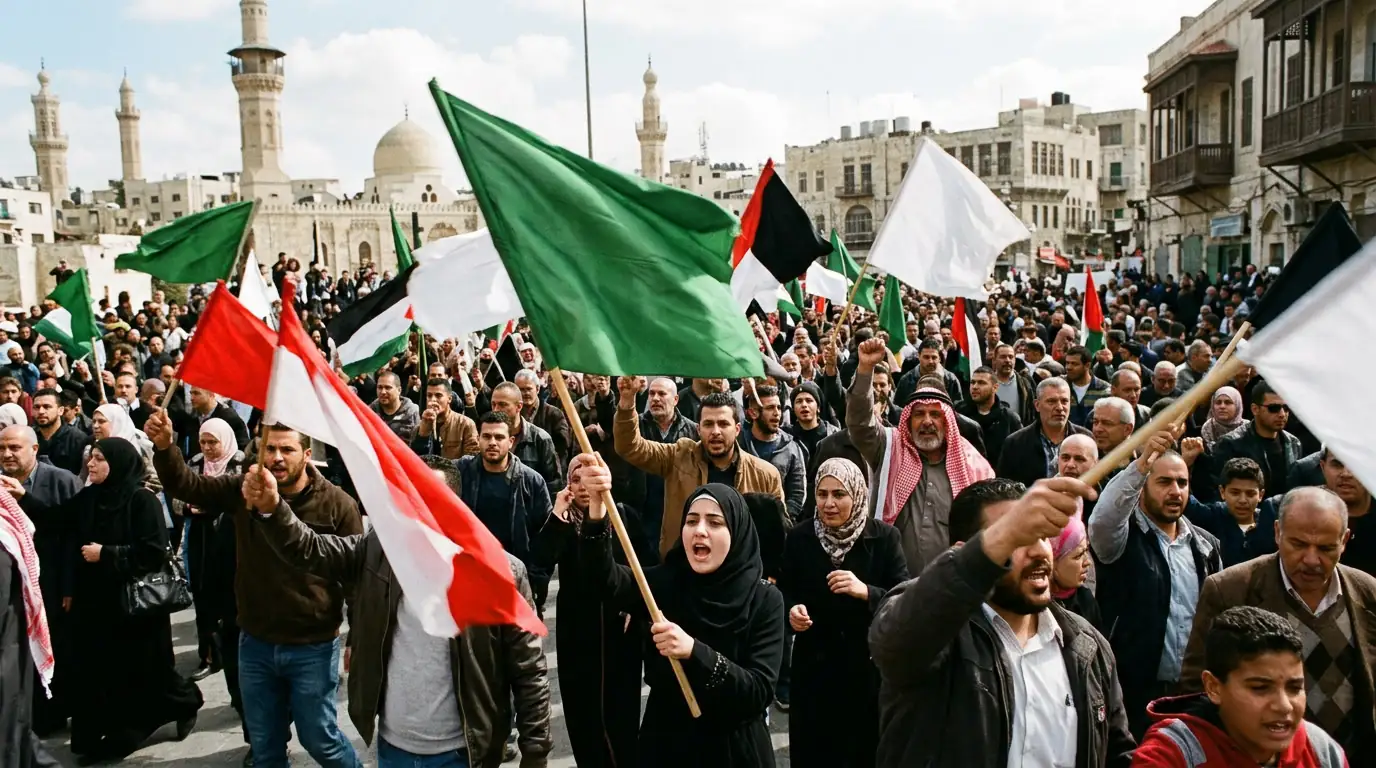 Manifestants brandissant des drapeaux lors d'un rassemblement dans une capitale arabe.