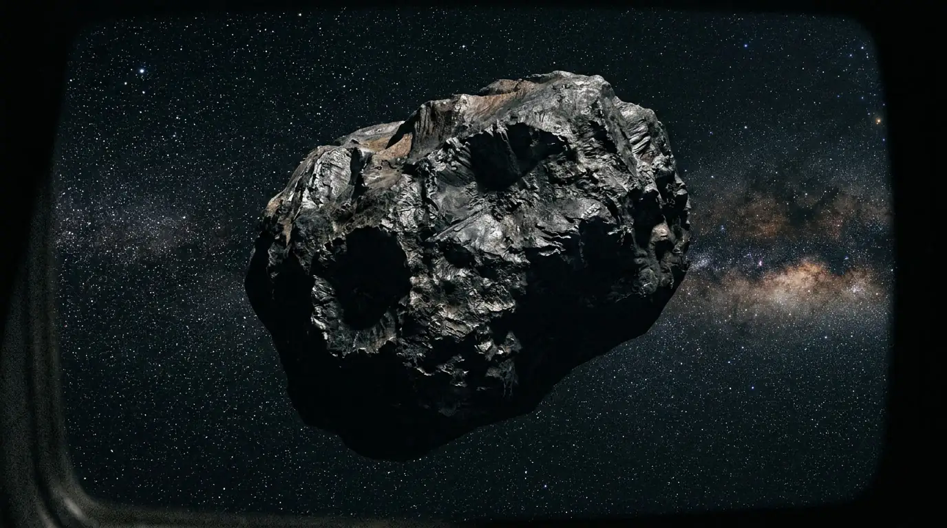 Vue d'un astéroïde métallique sombre flottant dans l'espace, cible potentielle de l'exploitation minière spatiale.