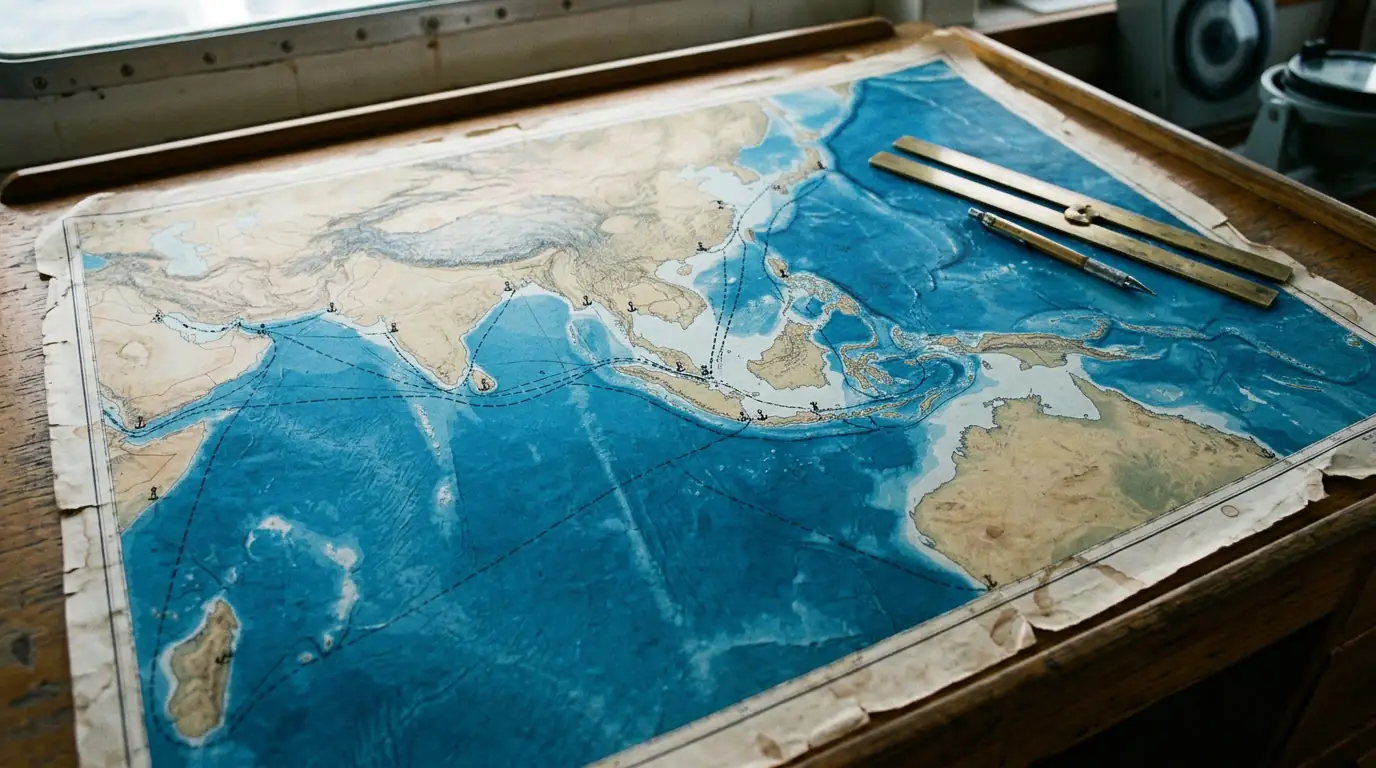 Carte maritime de l'Indo-Pacifique avec routes commerciales reliant l'océan Indien et le Pacifique.