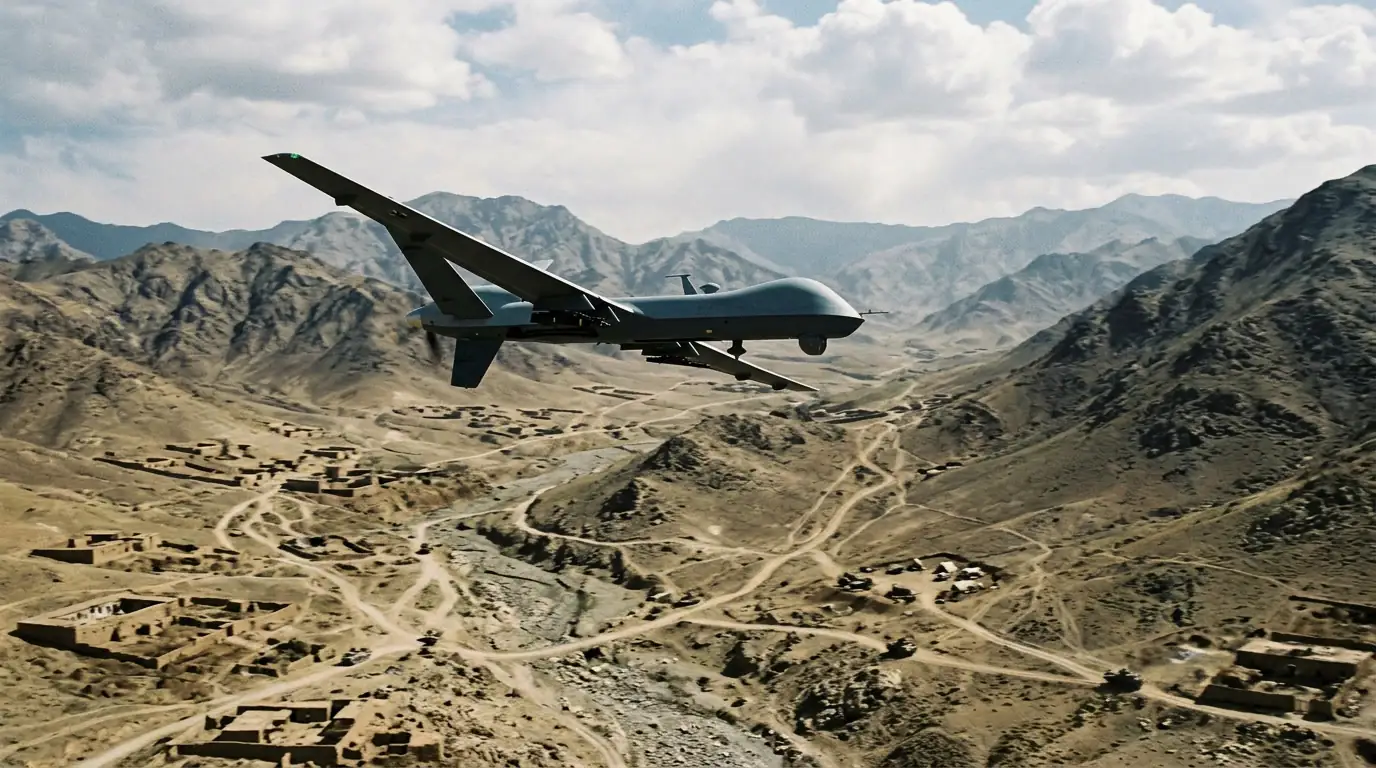 Drone militaire à voilure fixe en vol au-dessus d'un théâtre d'opérations.