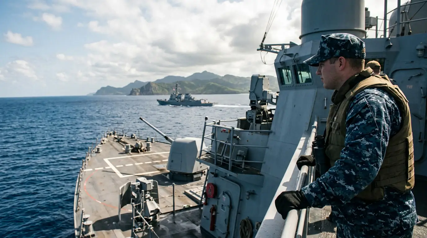 Navire de guerre américain en mer des Caraïbes, symbole de l'opération Southern Spear contre le Venezuela.