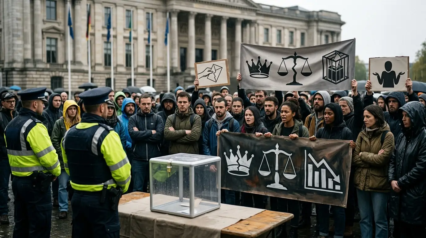 Urne de vote devant un parlement, illustrant la défiance envers les institutions démocratiques.
