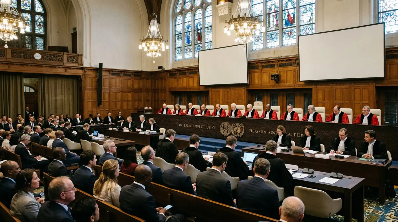 Salle d'audience de la Cour internationale de justice au Palais de la Paix à La Haye.