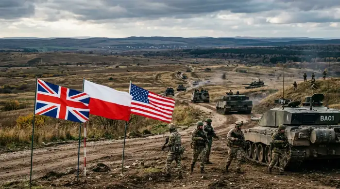 Chars et soldats de l'OTAN déployés sur le flanc oriental, drapeaux alliés au premier plan face à l'horizon russe.