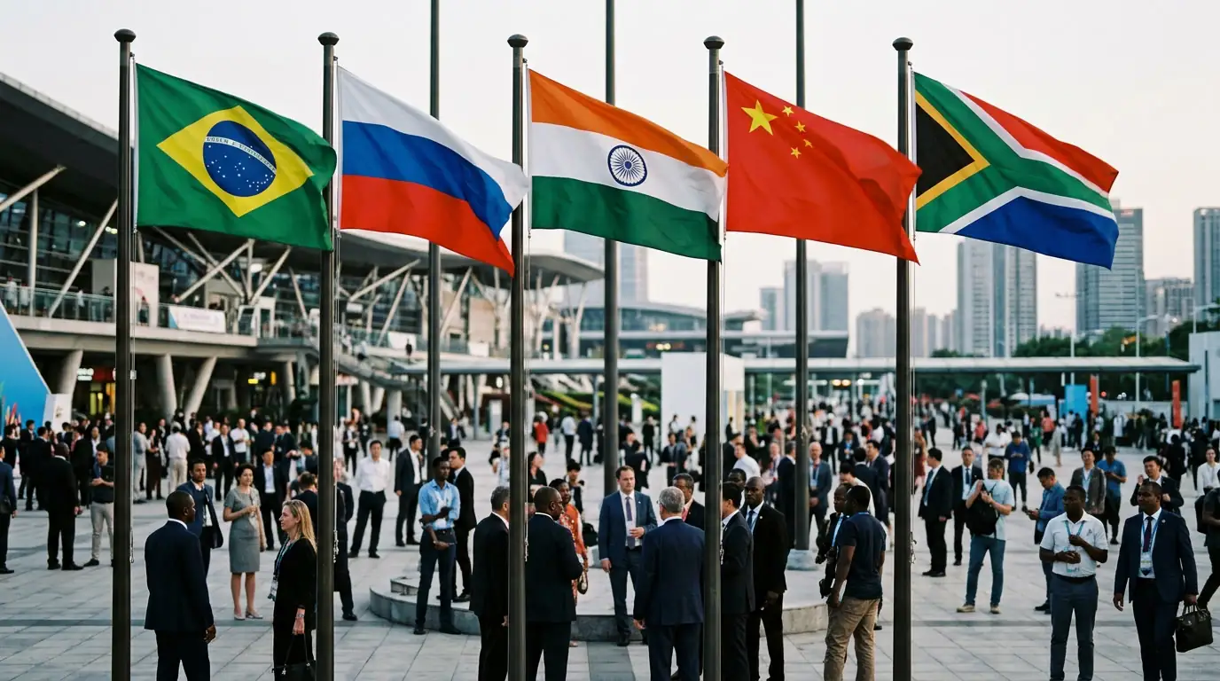 Drapeaux des pays BRICS réunis, symbole de la montée du Sud global face à l'Occident.