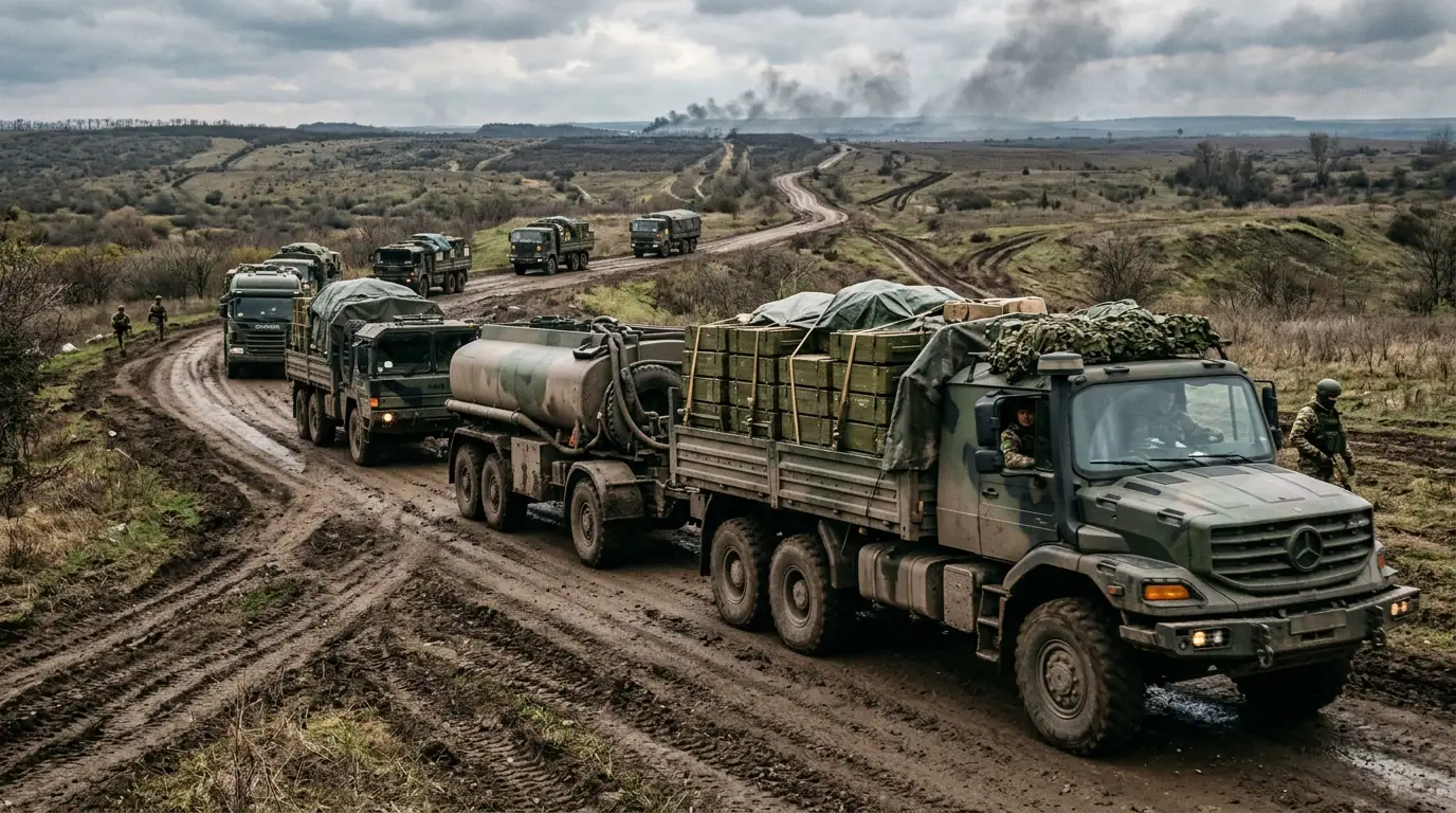 Convoi logistique militaire chargé de munitions et de carburant progressant vers le front.