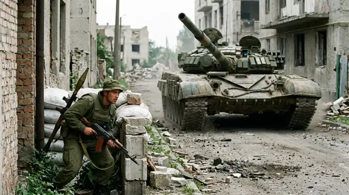 Combattant léger embusqué face à un blindé, illustration des disparités de la guerre asymétrique.