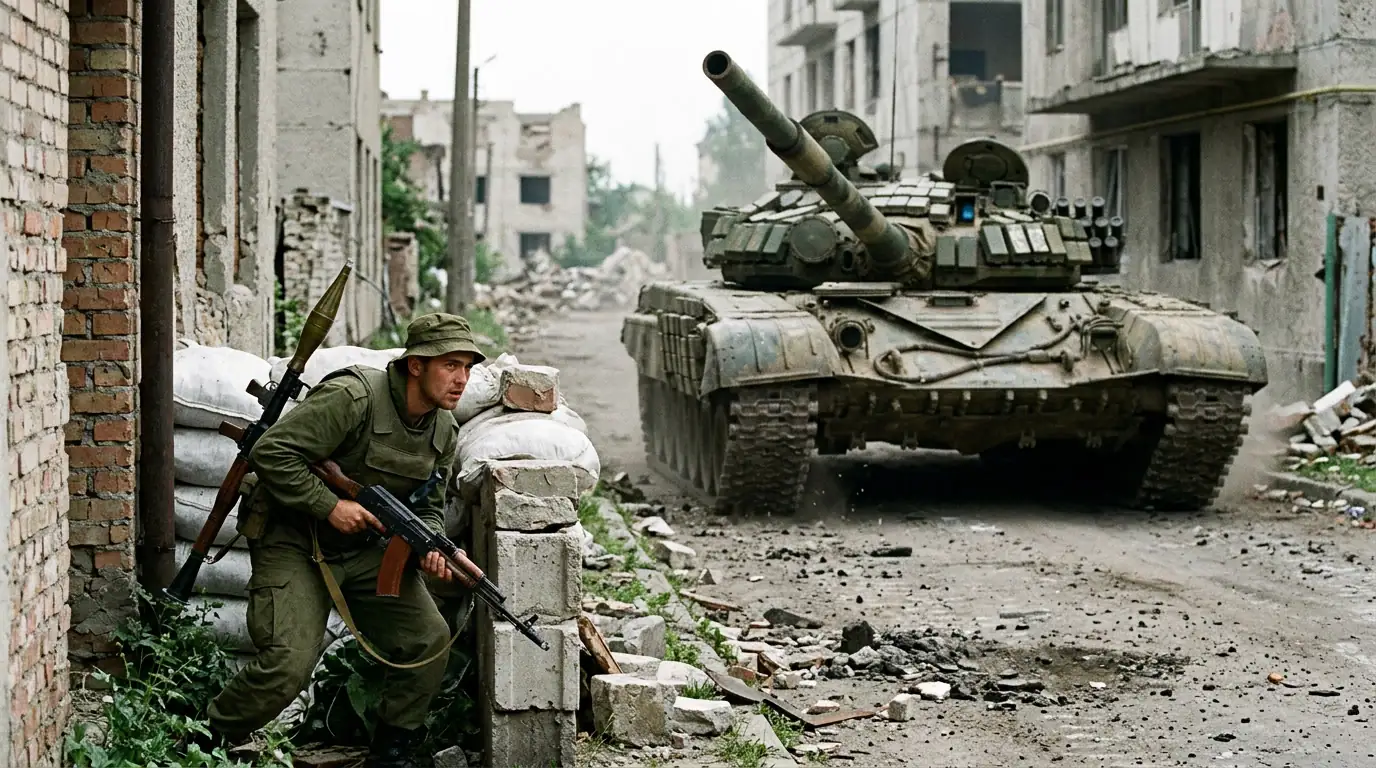 Combattant léger embusqué face à un blindé, illustration des disparités de la guerre asymétrique.