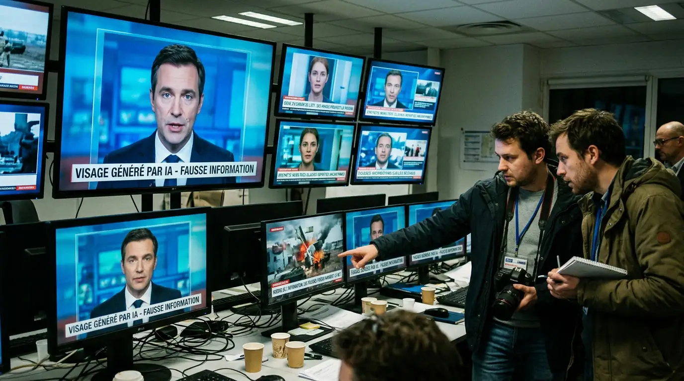 Écrans diffusant de fausses informations et visages générés par IA illustrant la guerre de l'information.