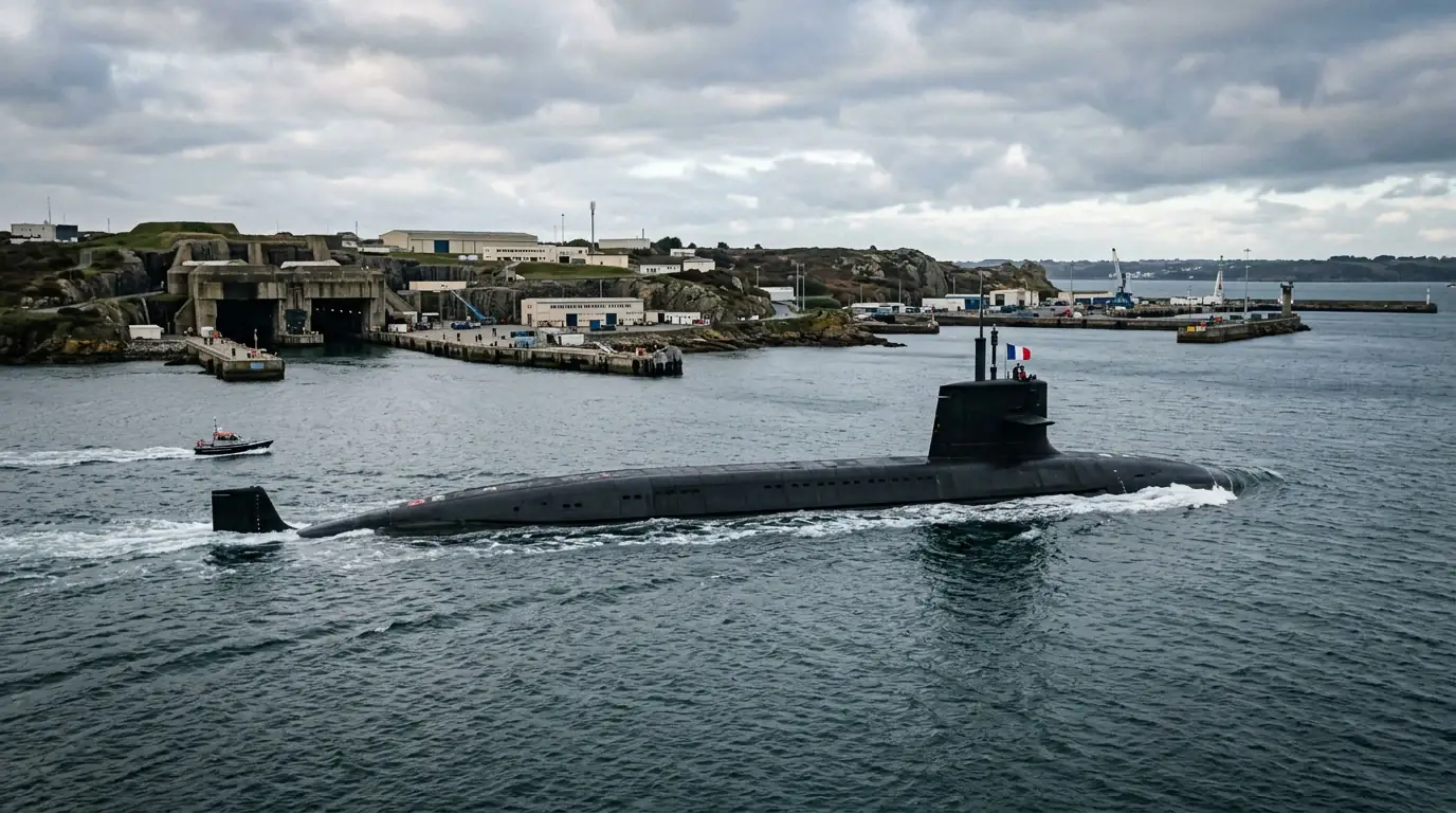 Sous-marin nucléaire lanceur d'engins français quittant la base de l'Île Longue.