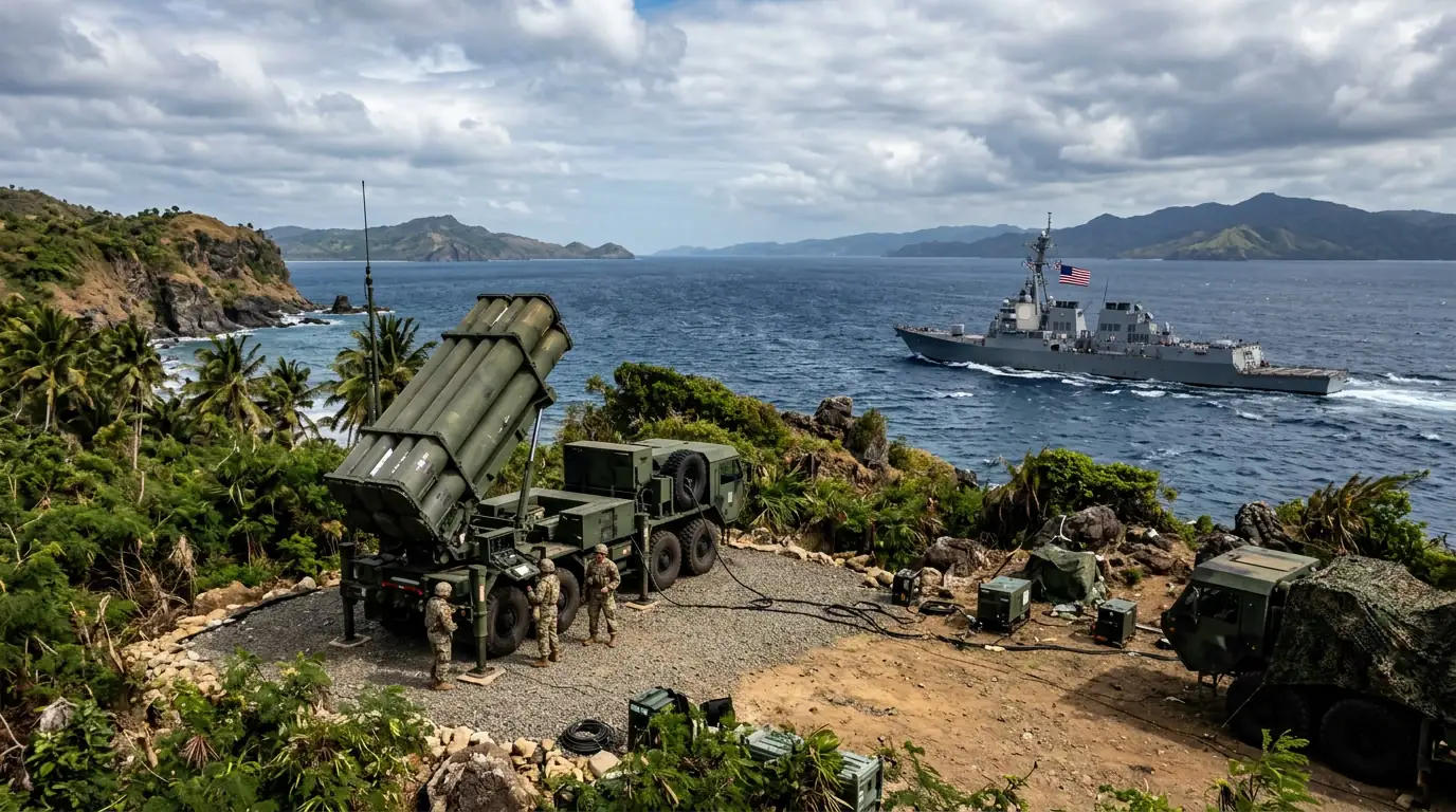 Lanceurs de missiles Typhon sur une île philippine face au détroit de Luçon, avec un destroyer américain en arrière-plan lors de l'exercice Balikatan 2026.