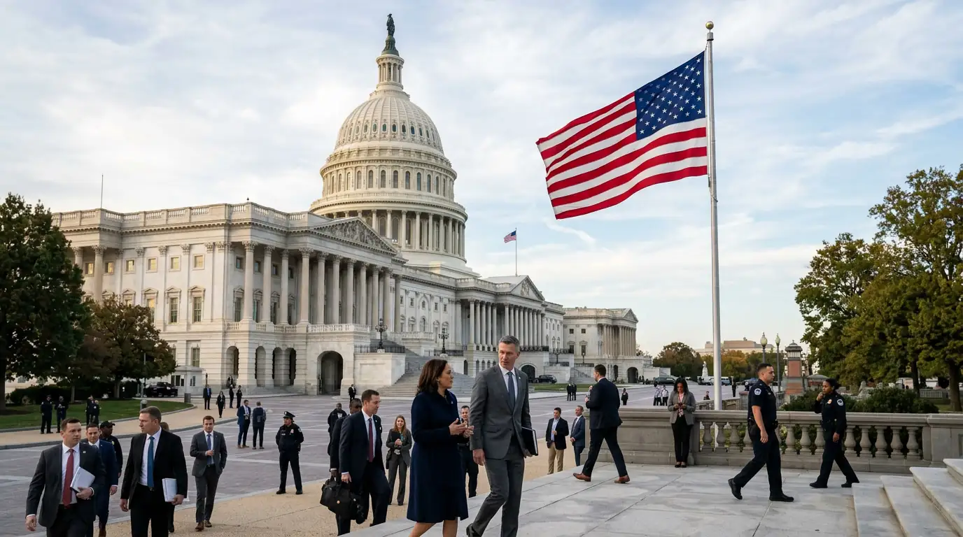 Façade du Capitole et drapeau américain symbolisant la stratégie de sécurité nationale des États-Unis.