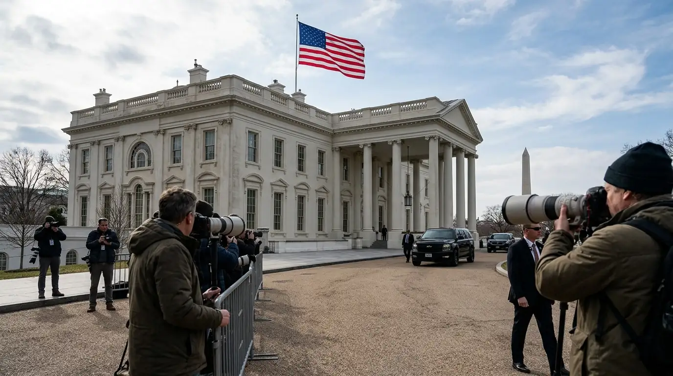 Drapeau américain et Maison-Blanche, symboles du second mandat de Donald Trump entamé en janvier 2025.