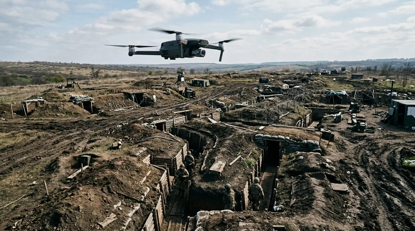 Drone militaire survolant un paysage de tranchées et de positions fortifiées.
