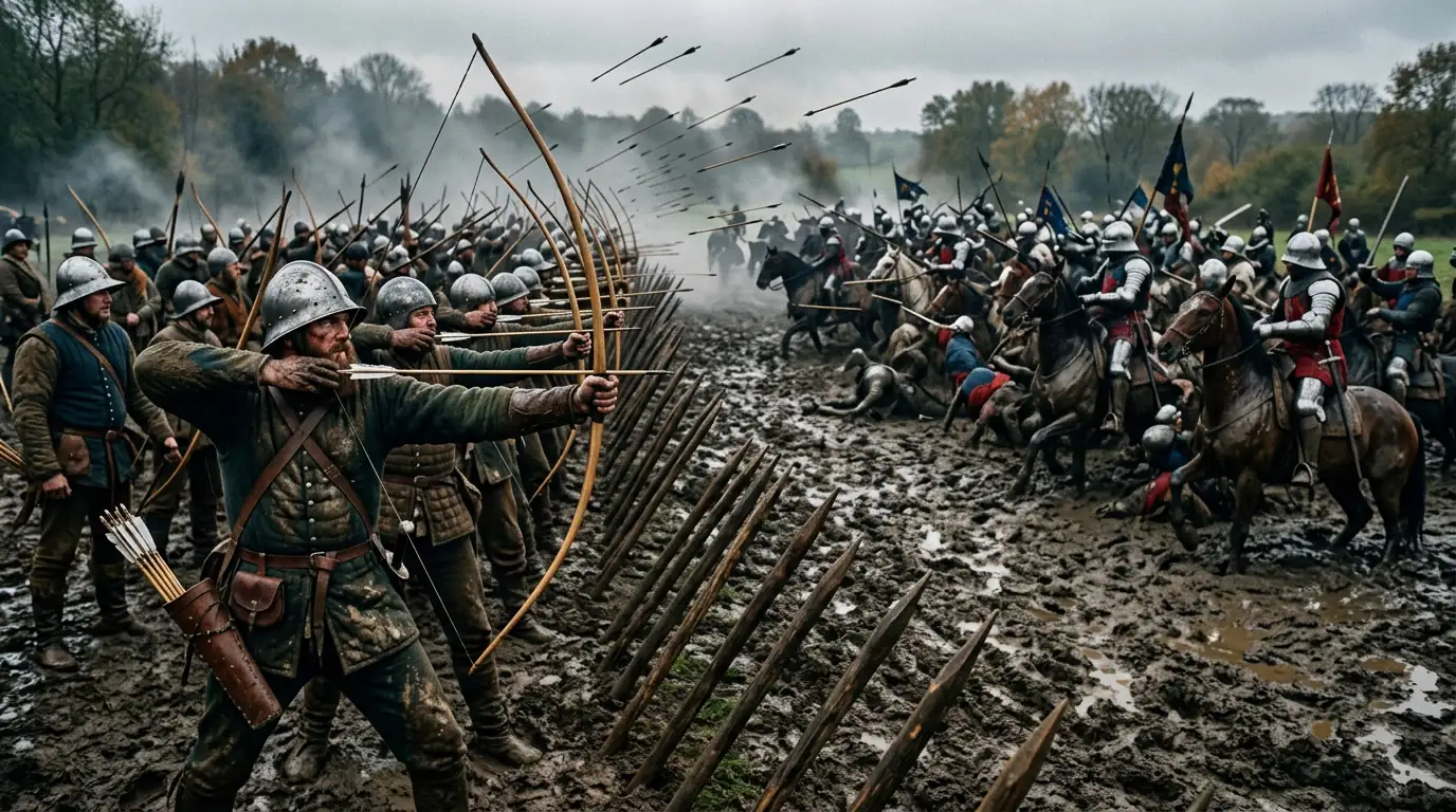 Archers anglais tirant à l'arc long contre la chevalerie française embourbée à la bataille d'Agincourt en 1415.