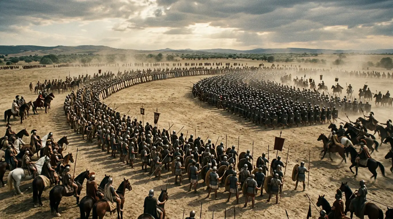 Reconstitution du dispositif en croissant de l'armée carthaginoise d'Hannibal face aux légions romaines à Cannes