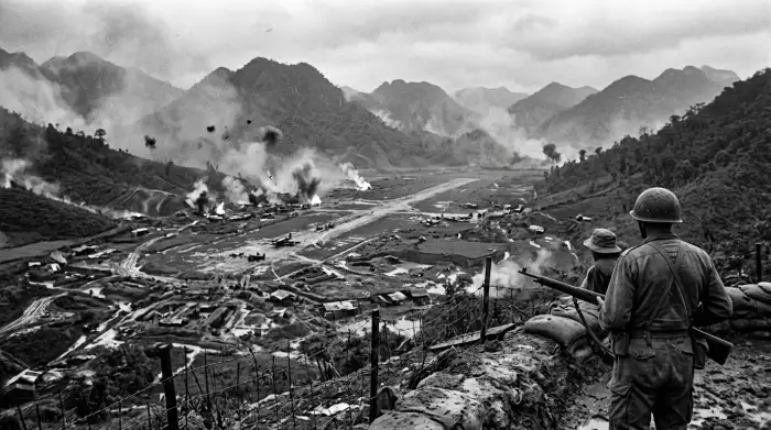 Vue de la cuvette de Dien Bien Phu cernée par les collines d'où le Viet Minh bombardait les positions françaises en 1954.