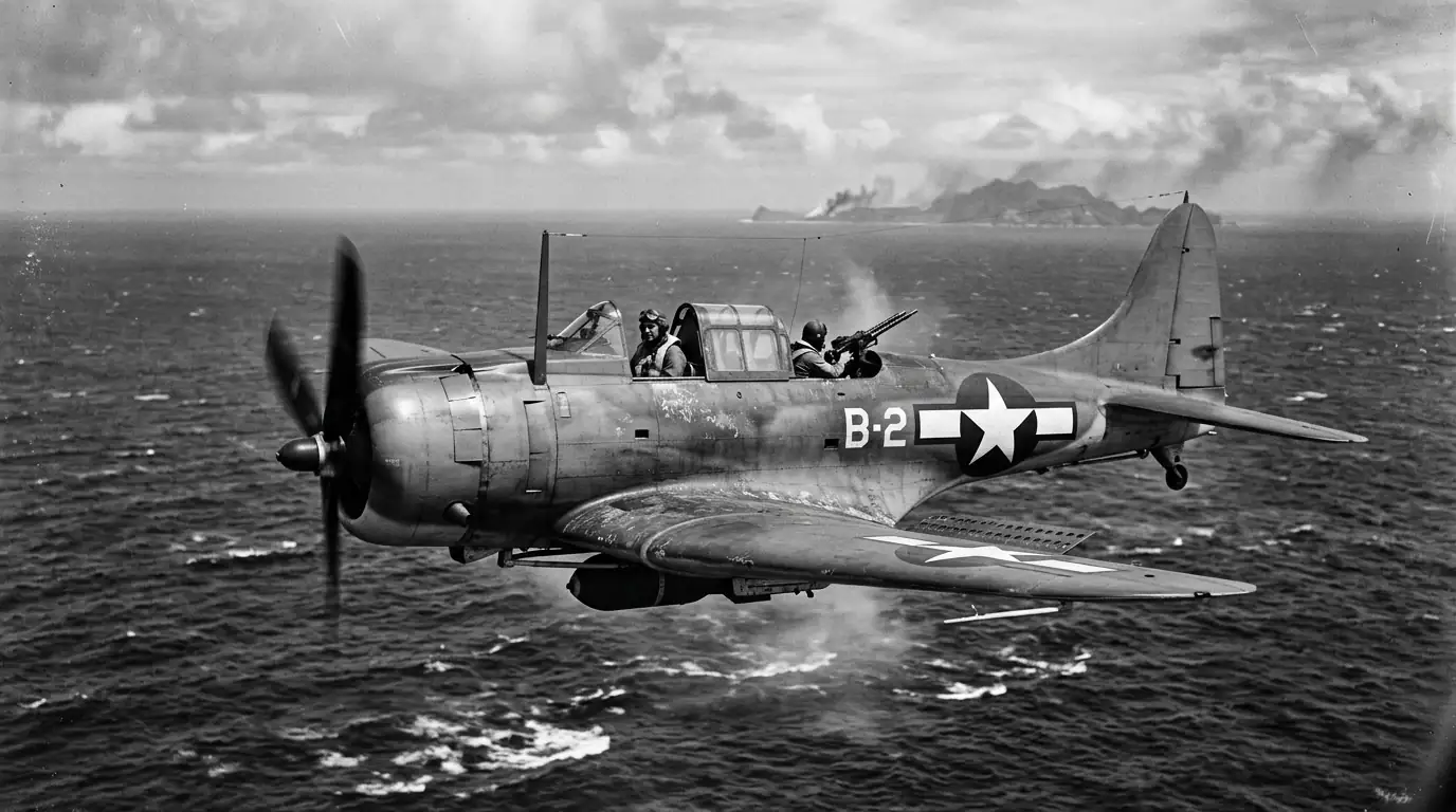 Bombardier en piqué Douglas SBD Dauntless de l'US Navy au-dessus du Pacifique pendant la Seconde Guerre mondiale
