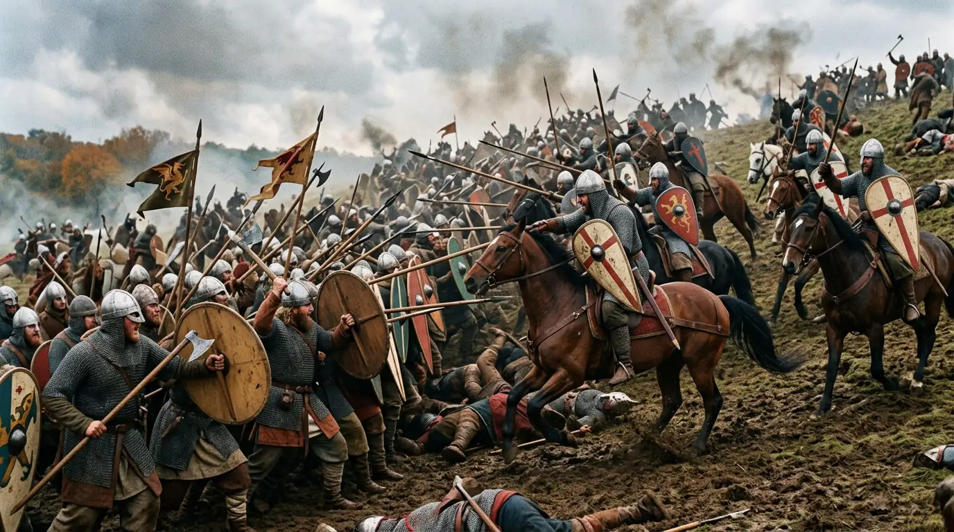 Cavalerie normande chargeant le mur de boucliers anglo-saxon à la bataille d'Hastings en 1066, d'après la Tapisserie de Bayeux.