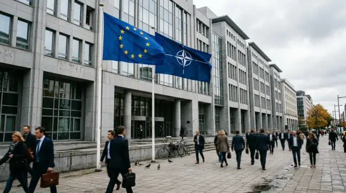 Drapeaux de l'Union européenne et de l'OTAN devant un bâtiment institutionnel à Bruxelles.