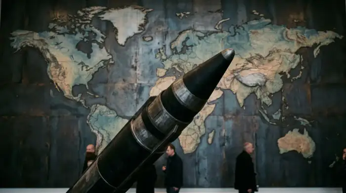 Missile balistique stylisé sur fond de carte du monde évoquant la dissuasion nucléaire.