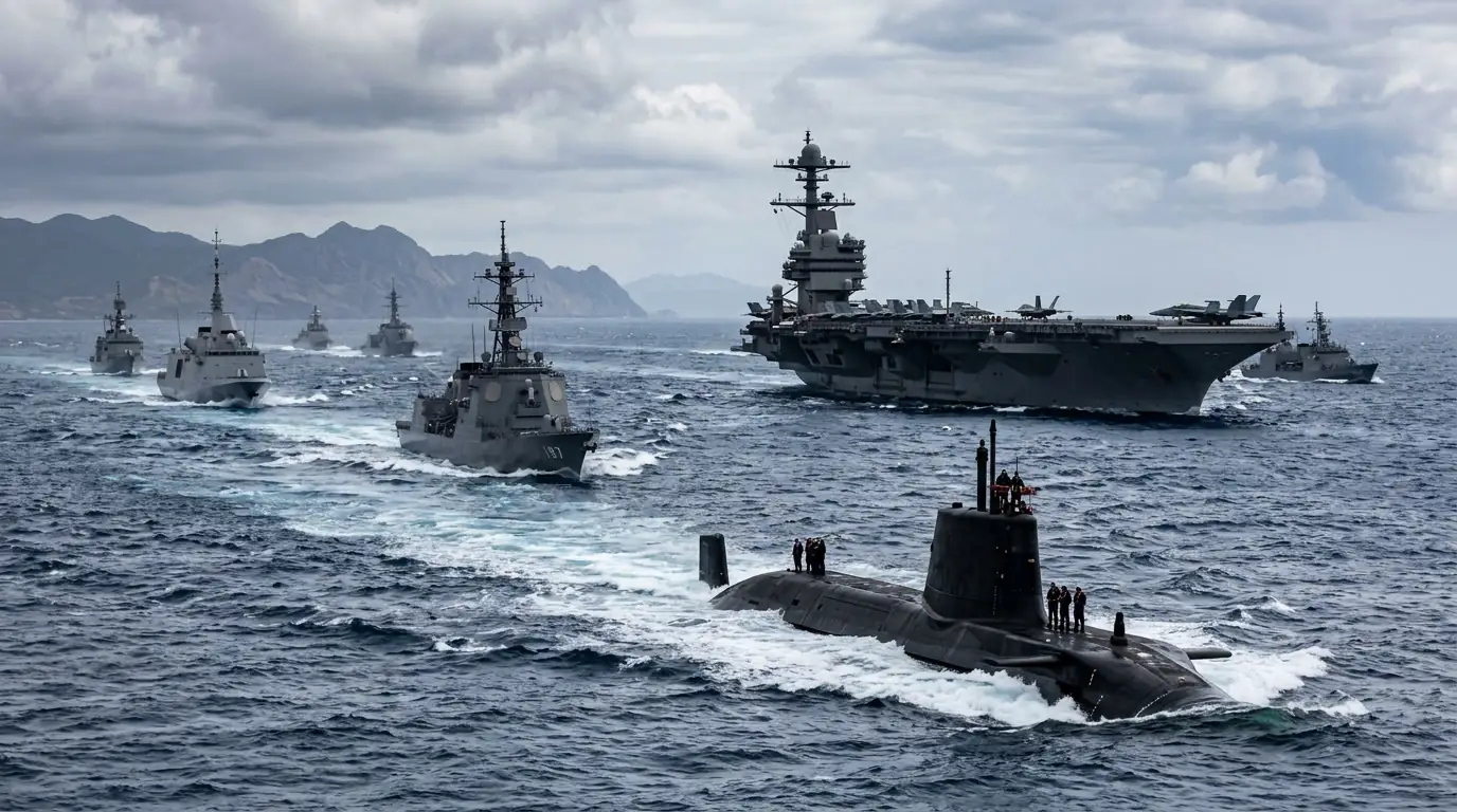 Sous-marin et bâtiments de guerre alliés manœuvrant lors d'un exercice naval en Asie-Pacifique.