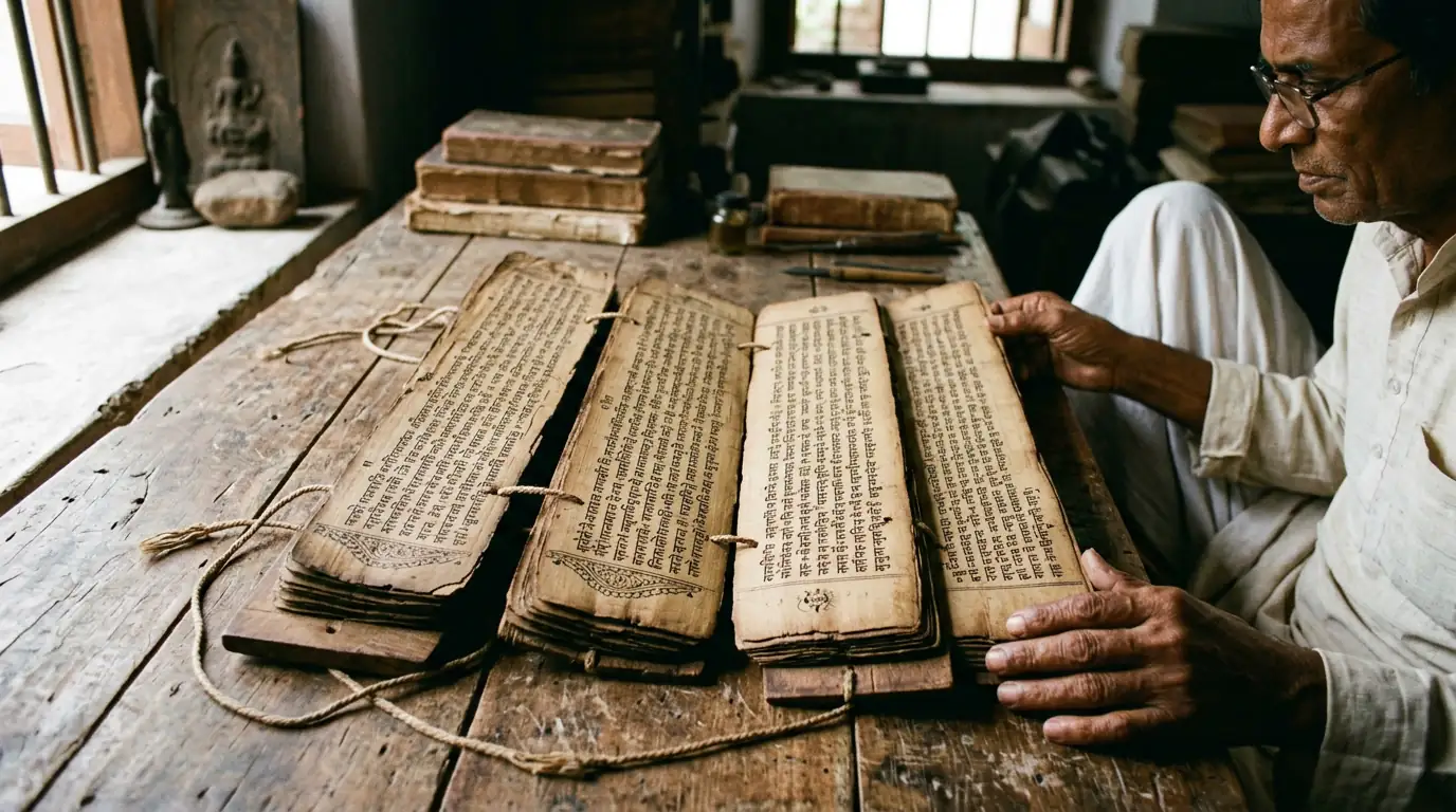 Manuscrit ancien sur feuilles de palme évoquant les traités de gouvernement de l'Inde classique.