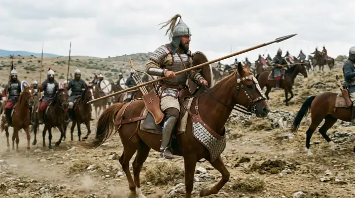 Cavalier byzantin en armure, arc et lance, illustrant la doctrine du Strategikon.