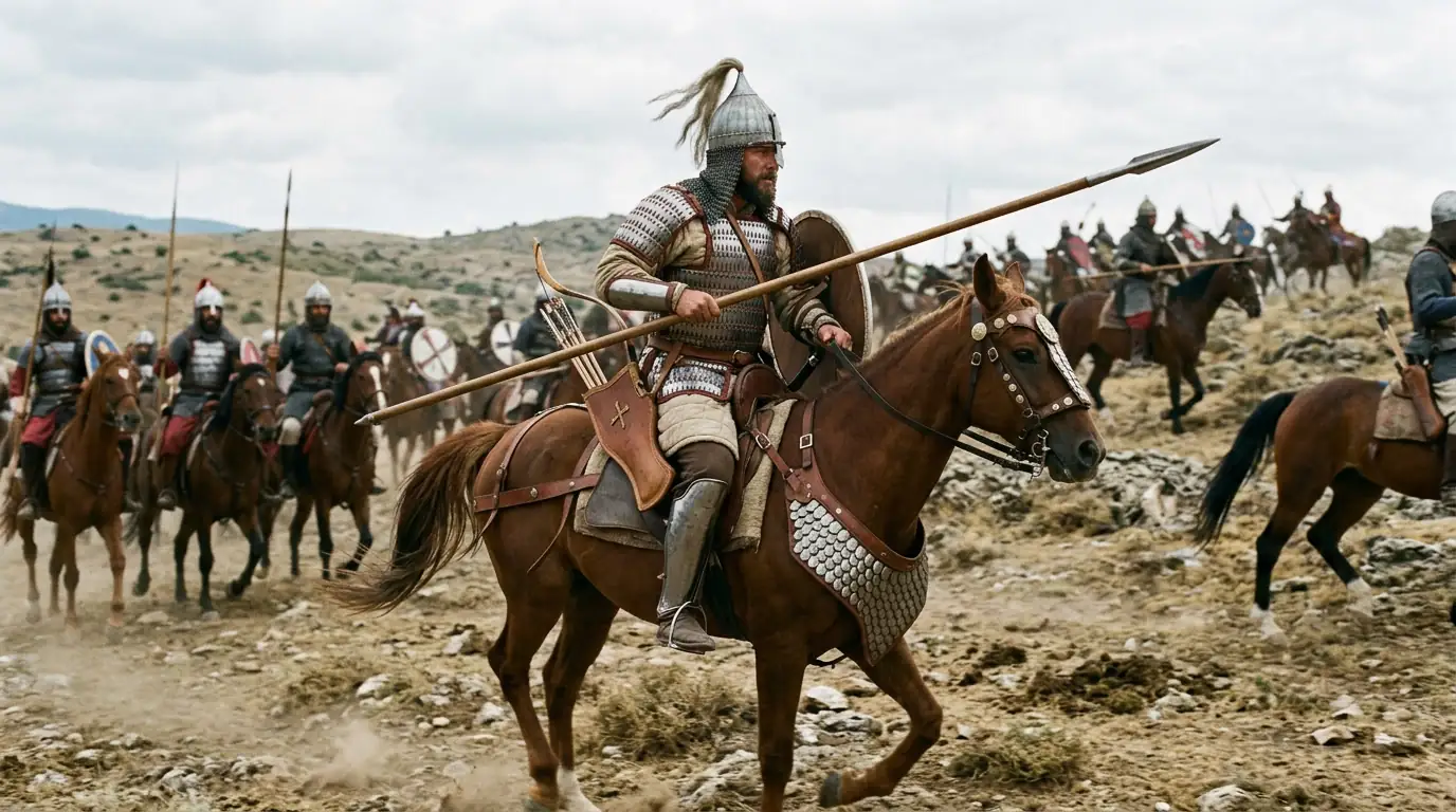 Cavalier byzantin en armure, arc et lance, illustrant la doctrine du Strategikon.