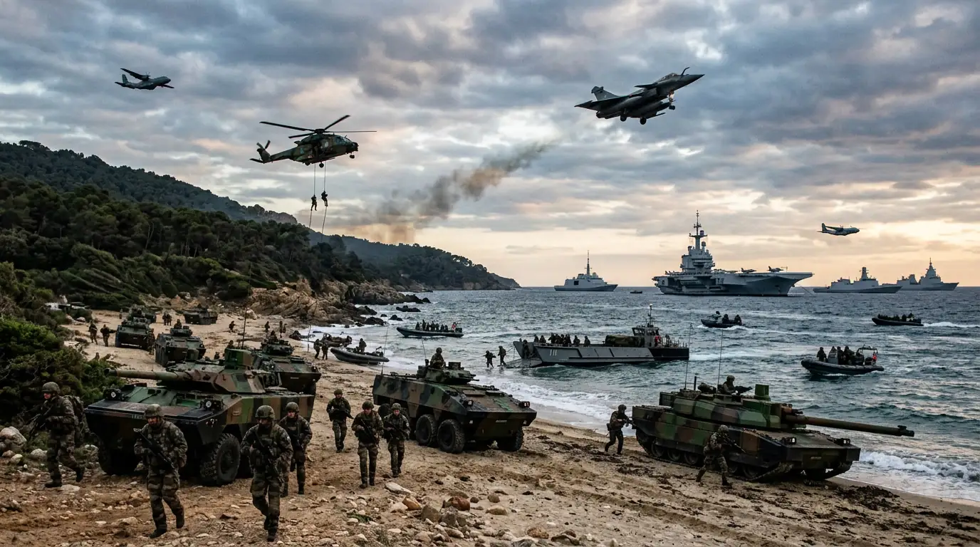 Forces terrestres, aériennes et navales coordonnées lors d'une opération interarmées sous commandement unifié.