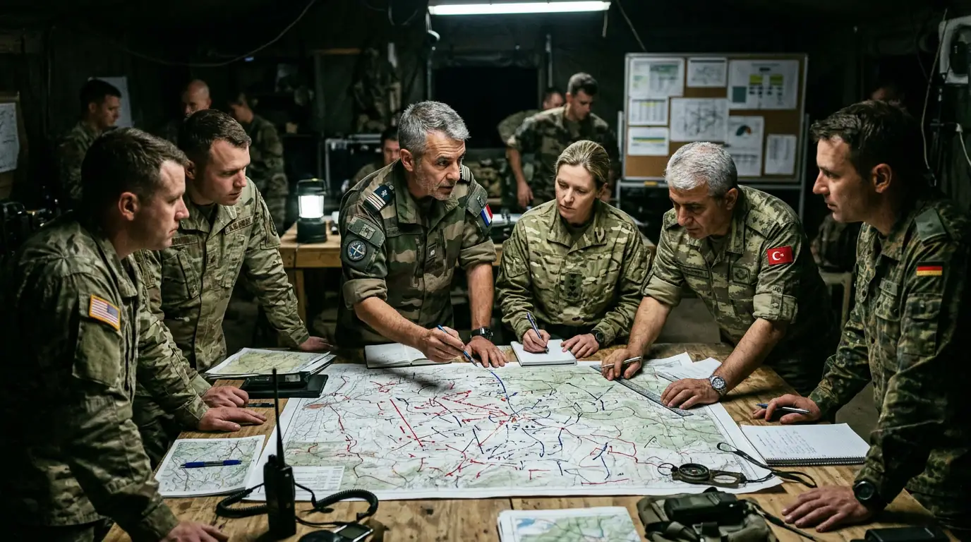 Officiers d'état-major analysant une carte d'opérations militaires lors d'une séance de planification