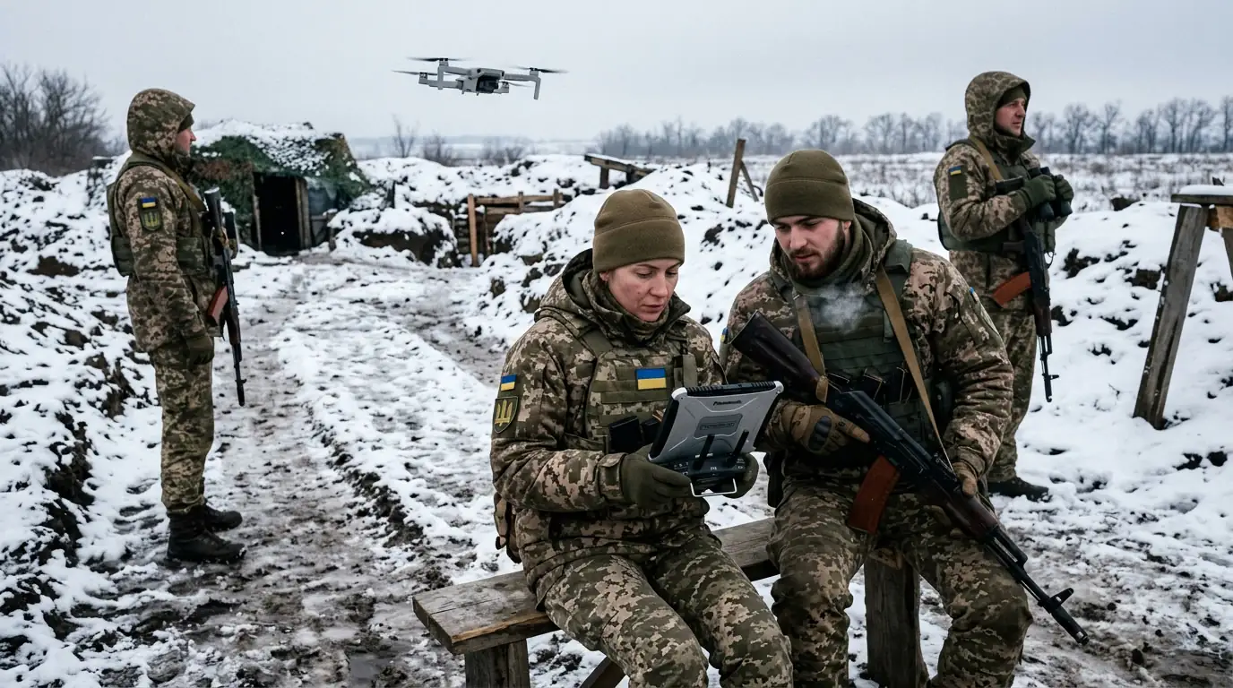 Soldats ukrainiens manœuvrant un drone d'observation sur le front, hiver 2025.