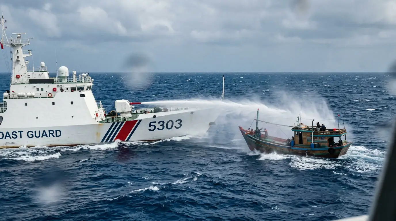 Navire des garde-côtes chinois projetant un canon à eau sur un bateau plus petit en mer.