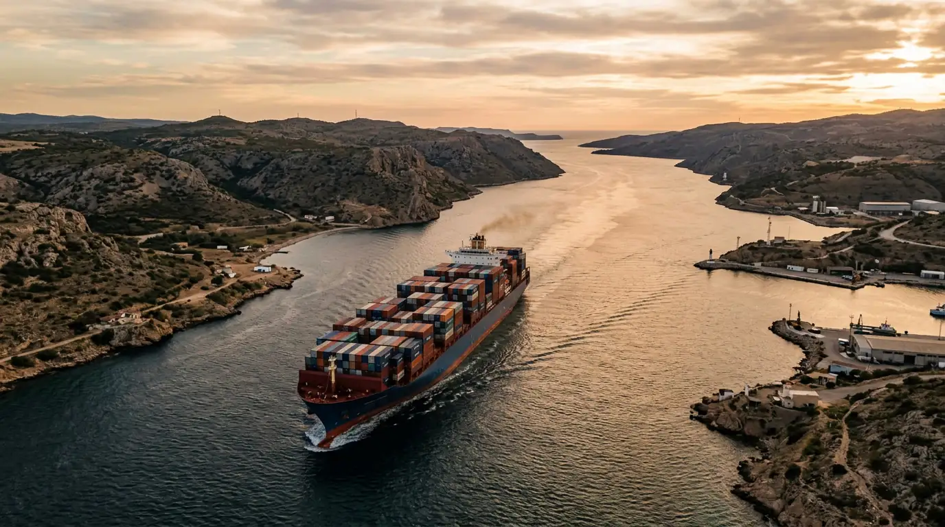 Vue aérienne d'un porte-conteneurs traversant un détroit maritime stratégique.