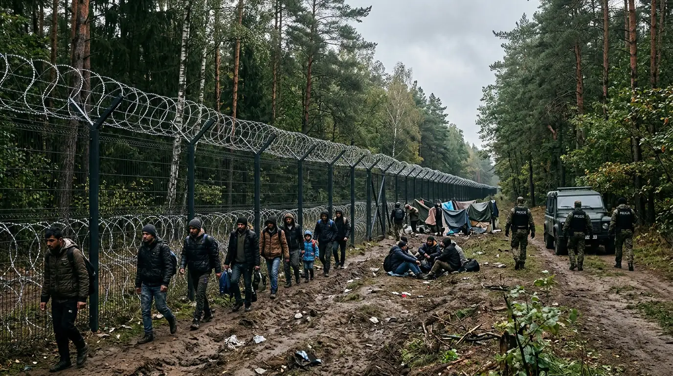 Clôture frontalière dans la forêt, à la frontière orientale de l'Union européenne, théâtre de la pression migratoire.