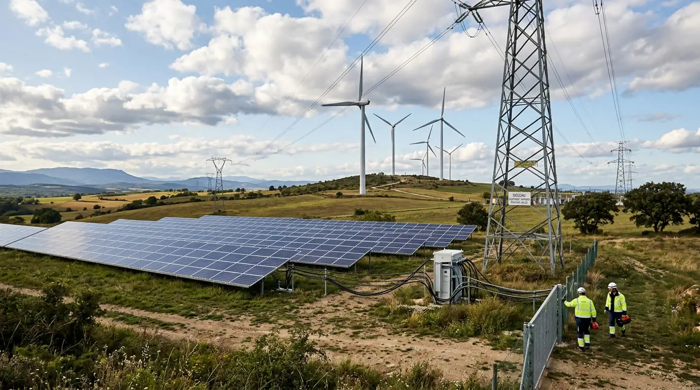 Panneaux solaires et éoliennes connectés à un réseau électrique, symbole des alliances de la transition énergétique.