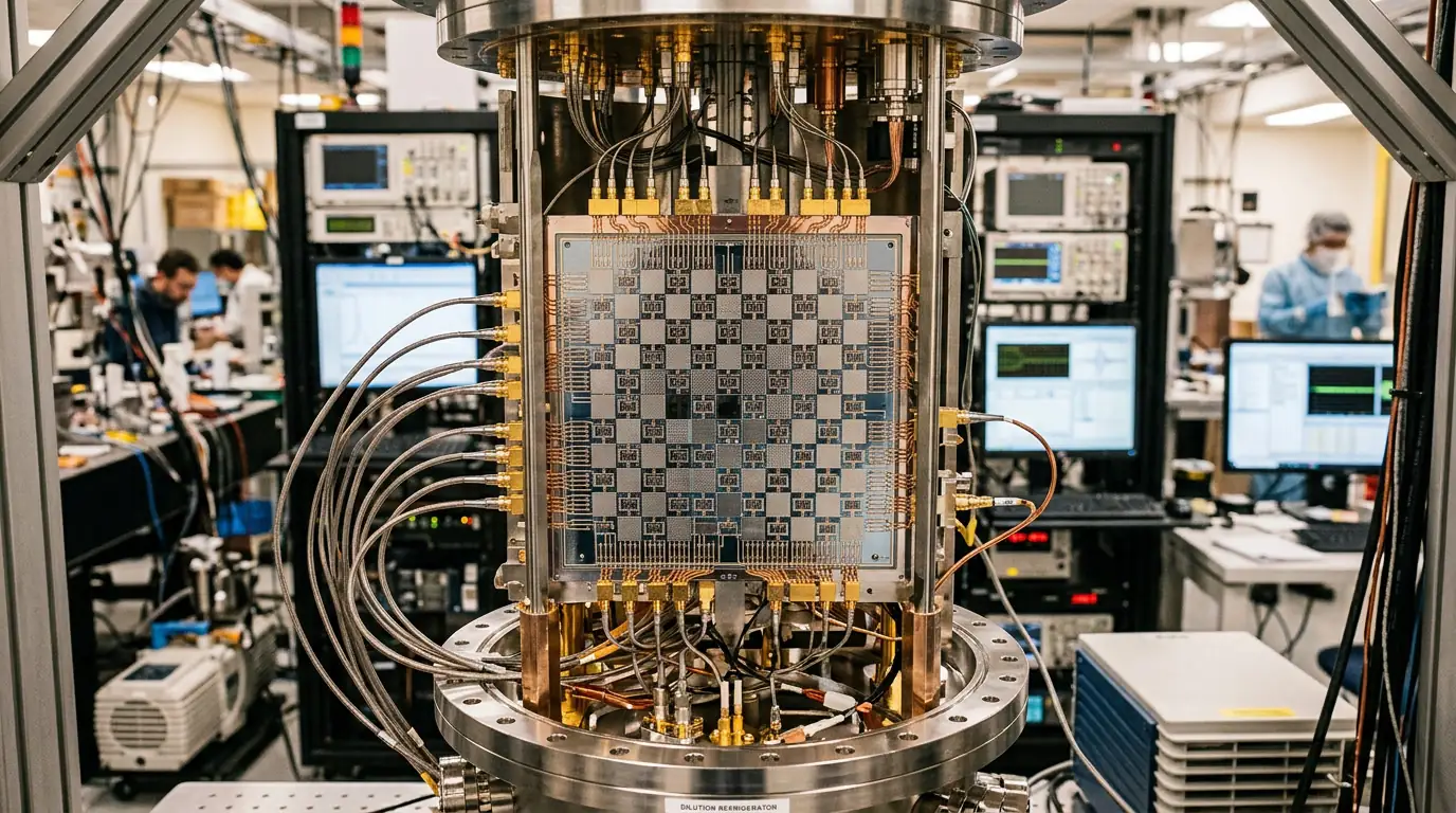 Grille de qubits supraconducteurs disposés en damier illustrant un code de surface, dans un laboratoire quantique.