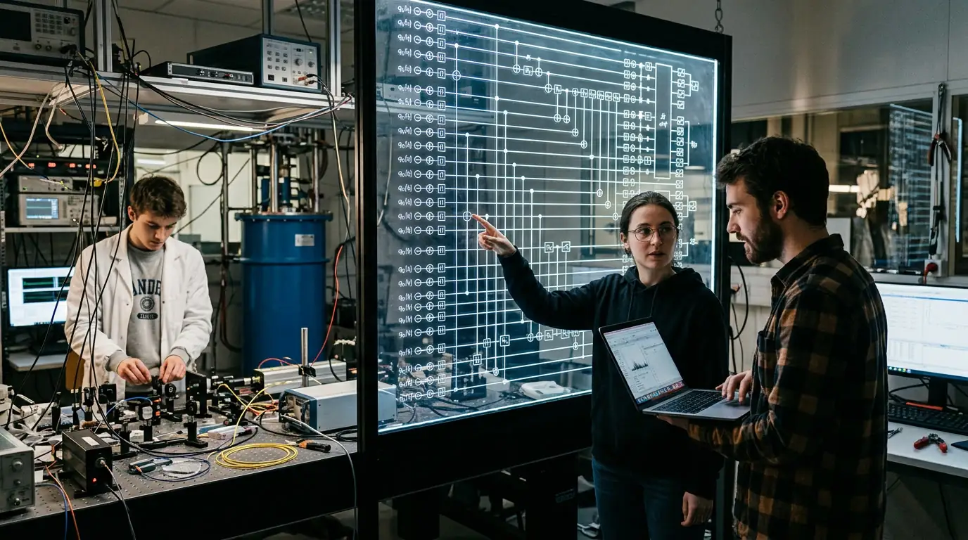 Étudiants et chercheurs travaillant devant un schéma de circuit quantique dans un laboratoire universitaire.
