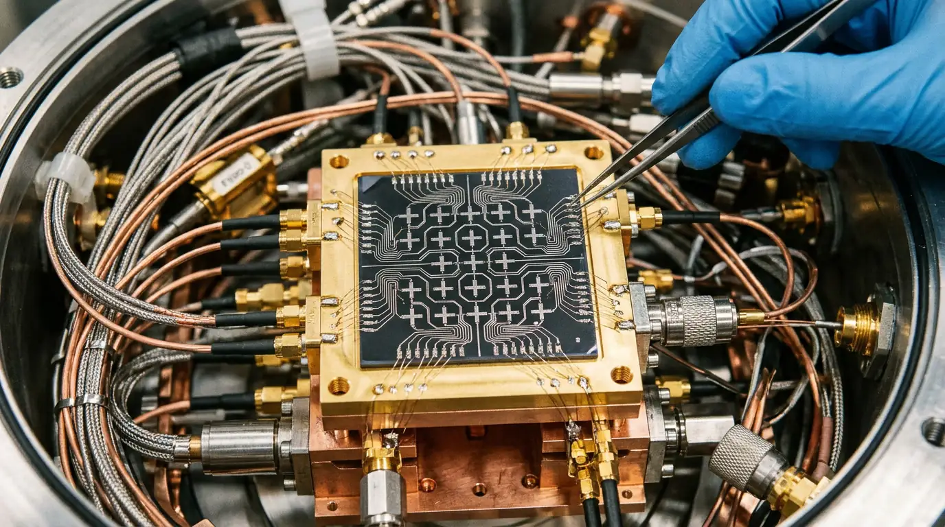 Réseau de qubits supraconducteurs reliés par des couplages, illustrant une architecture tolérante aux fautes.