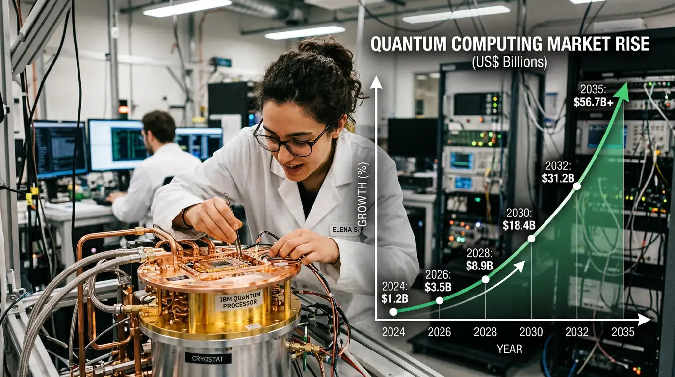 Graphique de croissance superposé à un processeur quantique, illustrant l'essor du marché de l'informatique quantique.