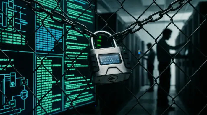 Cadenas numérique sur fond de code chiffré, illustrant les enjeux de la cryptographie face à l'informatique quantique.