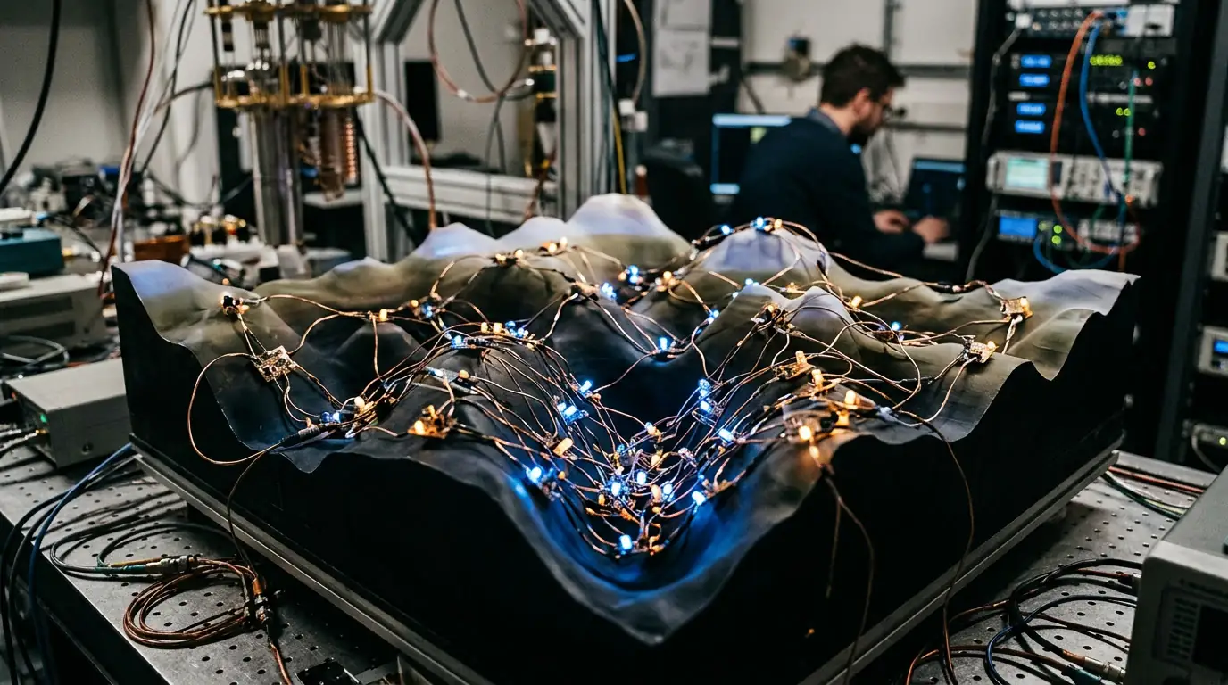 Schéma d'un réseau de qubits cherchant le point bas d'un paysage énergétique, métaphore de l'optimisation par recuit quantique.