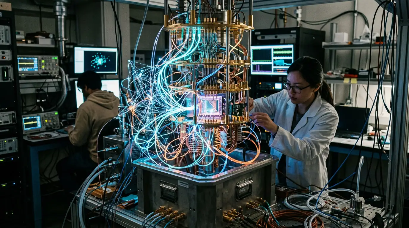 Réseau de neurones lumineux entrelacé avec un processeur quantique supraconducteur dans un laboratoire de recherche.