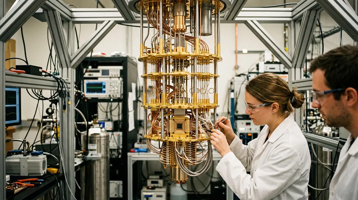 Processeur quantique supraconducteur refroidi dans un cryostat doré, au cœur d'un laboratoire de recherche.