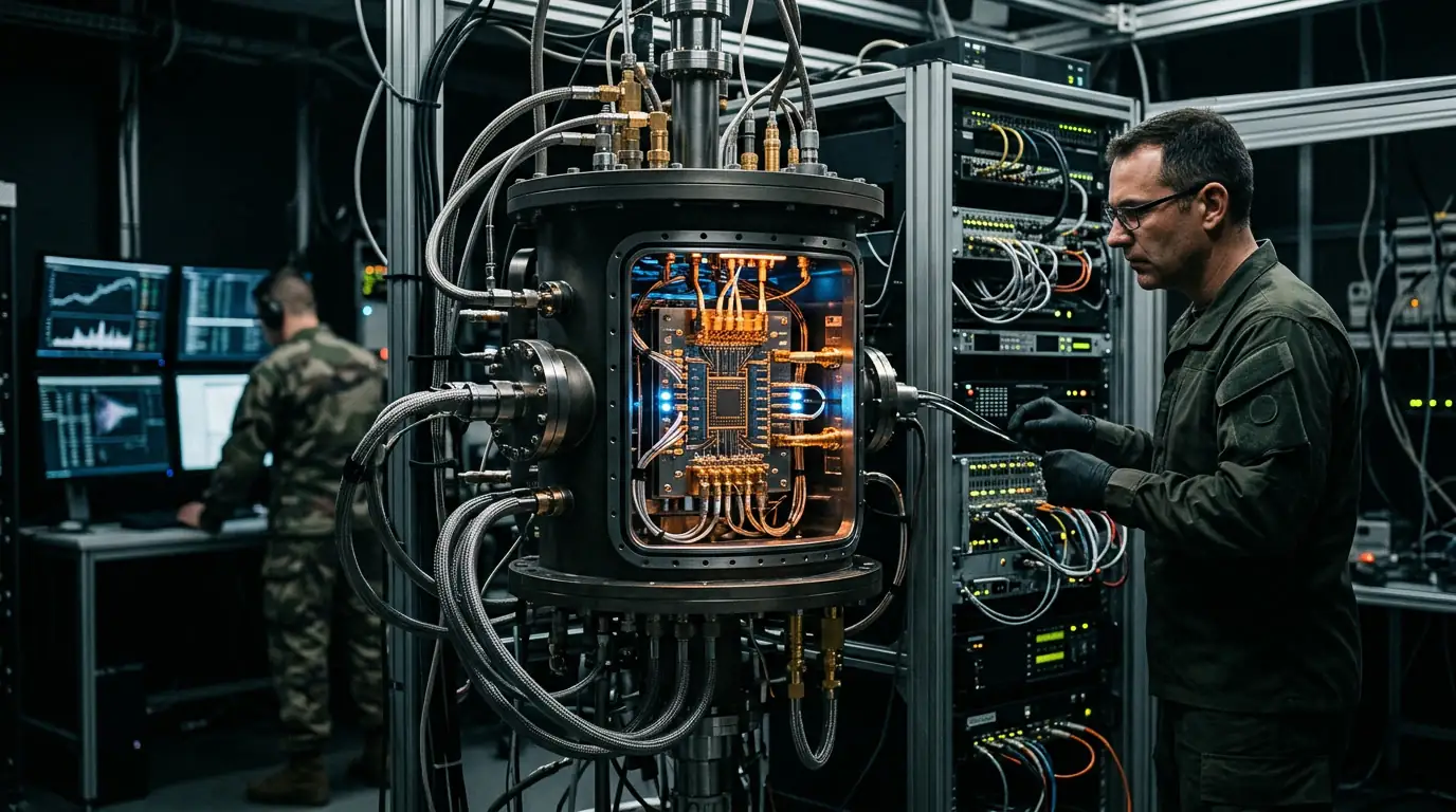 Processeur quantique stylisé évoquant les enjeux militaires et de cybersécurité de l'informatique quantique.