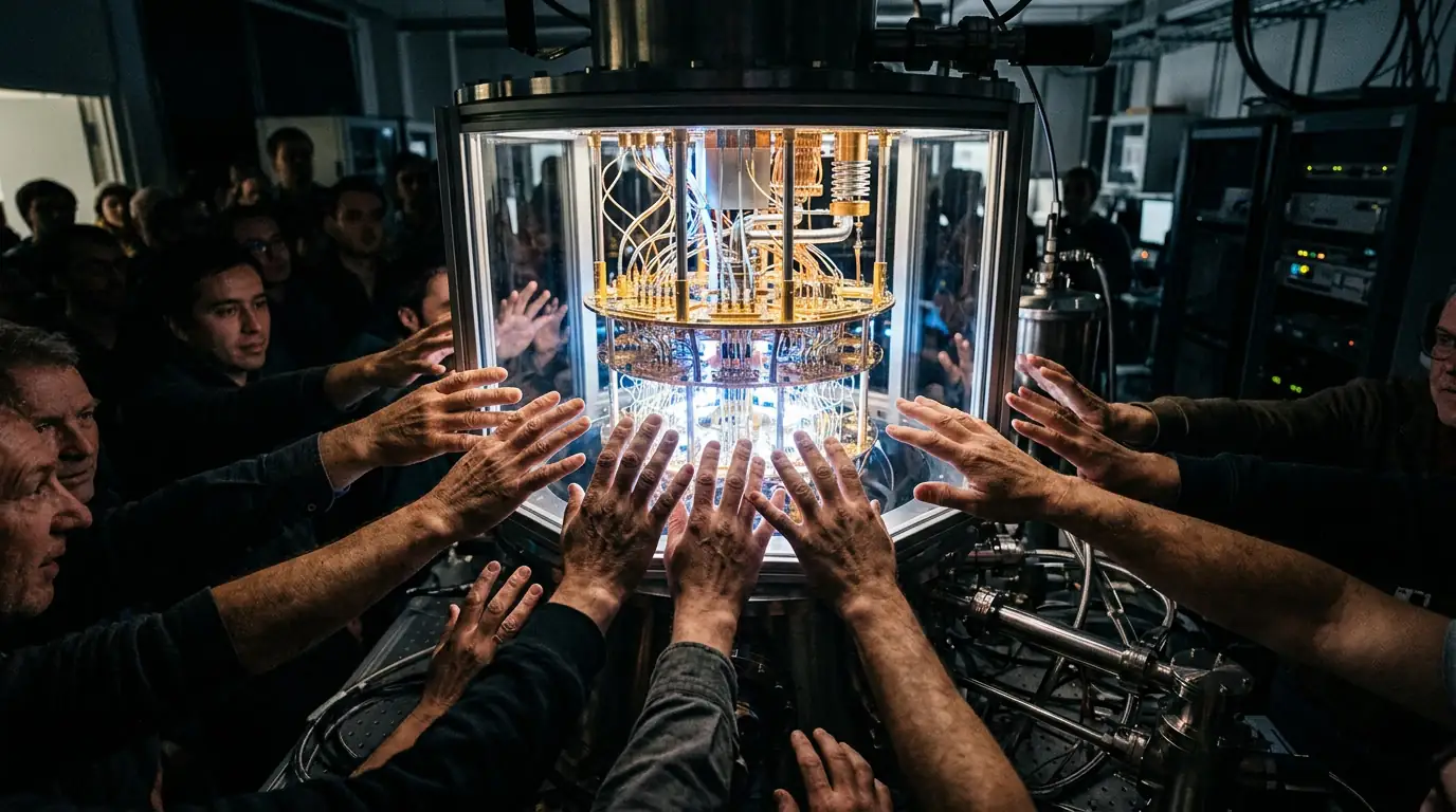 Mains tendues vers un processeur quantique lumineux, symbole d'un accès inégal à la technologie.