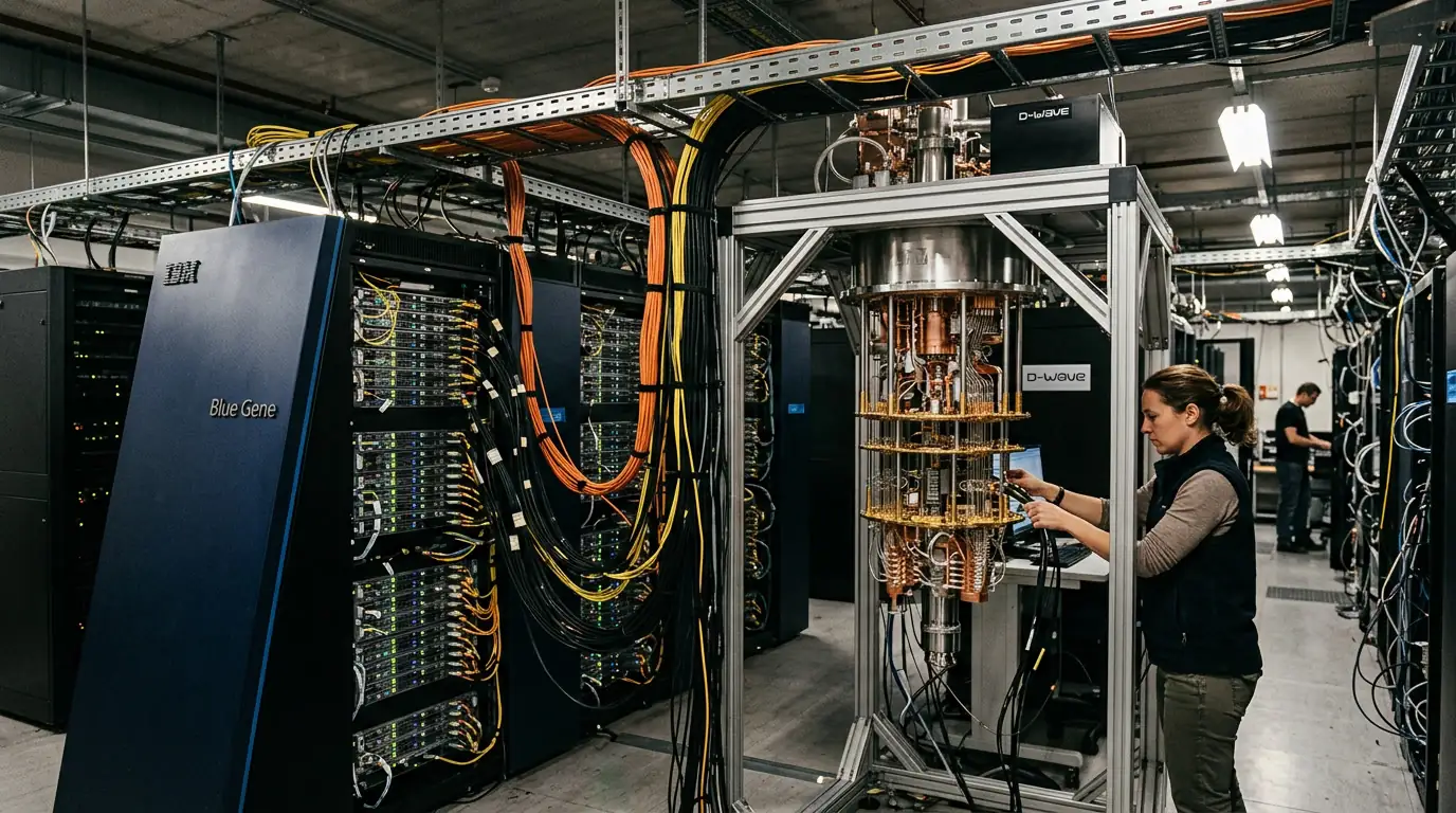 Superordinateur classique relié à un processeur quantique par des interconnexions à haut débit dans un centre de calcul.