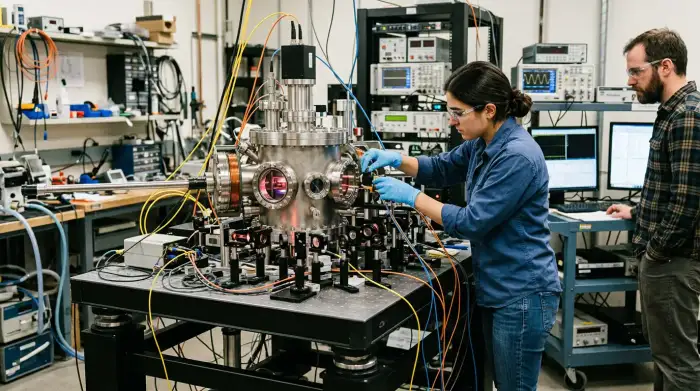 Capteur quantique à atomes froids dans un laboratoire, utilisé pour la navigation et la mesure de la gravité.