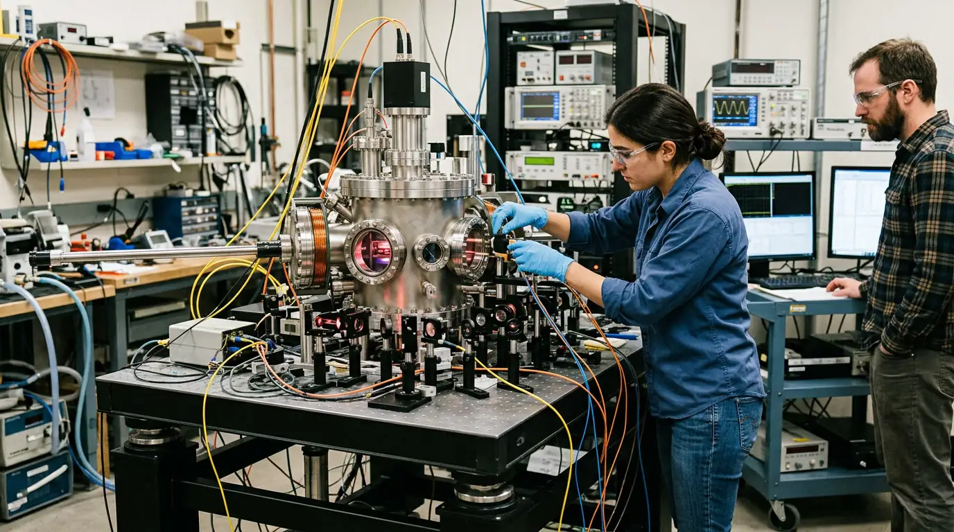 Capteur quantique à atomes froids dans un laboratoire, utilisé pour la navigation et la mesure de la gravité.