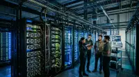 Centre de données illuminé la nuit, représentant les alliances technologiques autour de l'IA.